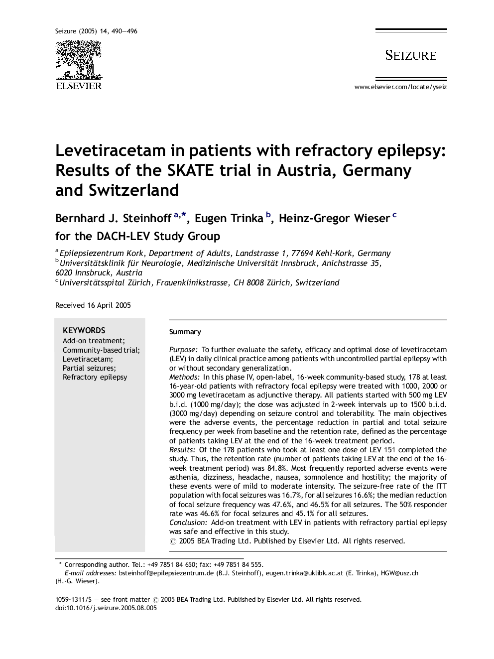 Levetiracetam in patients with refractory epilepsy: Results of the SKATE trial in Austria, Germany and Switzerland