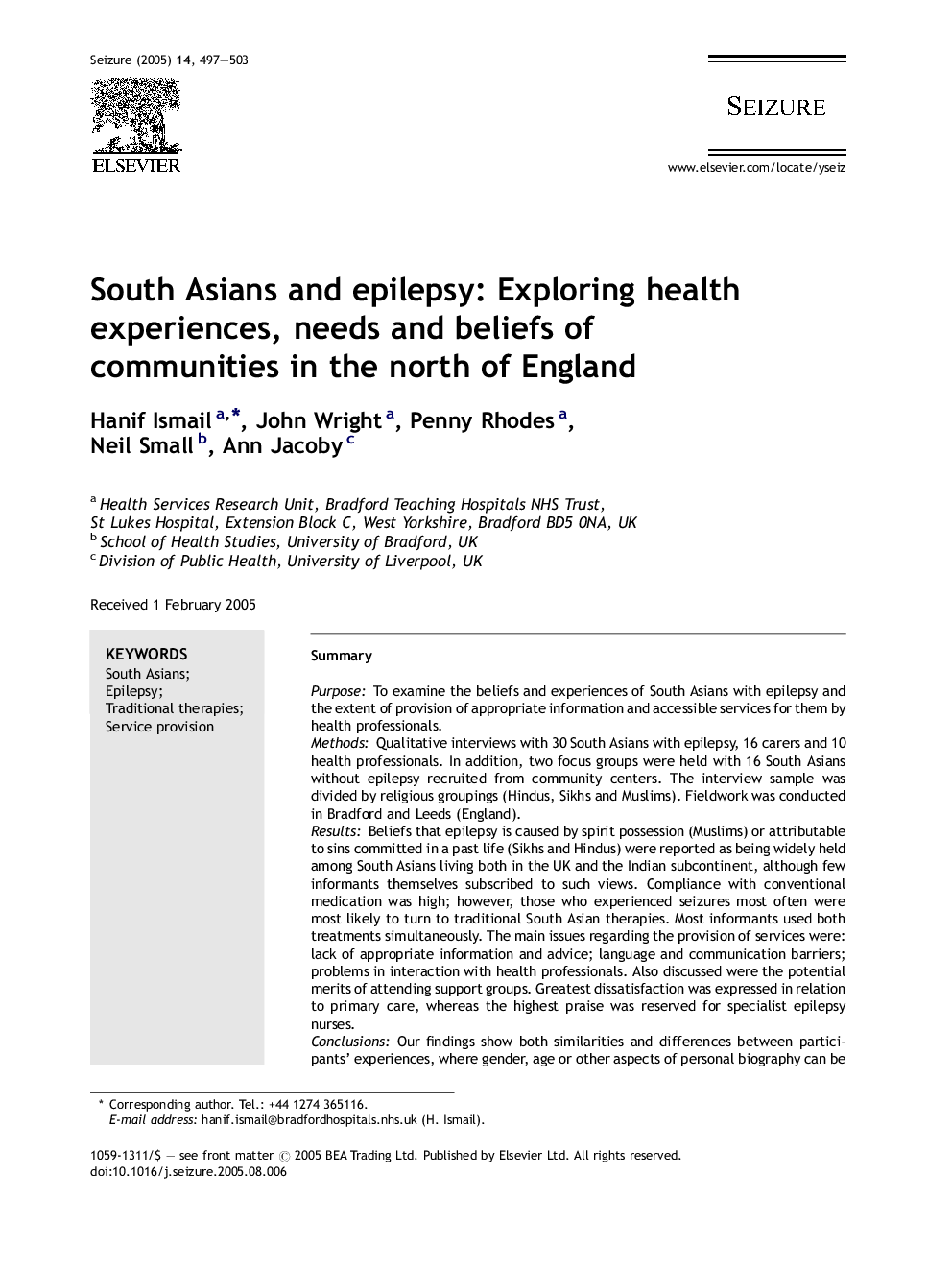 South Asians and epilepsy: Exploring health experiences, needs and beliefs of communities in the north of England