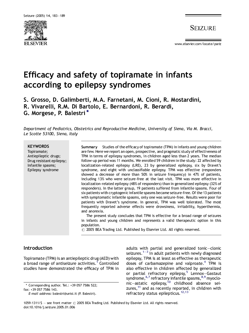 Efficacy and safety of topiramate in infants according to epilepsy syndromes