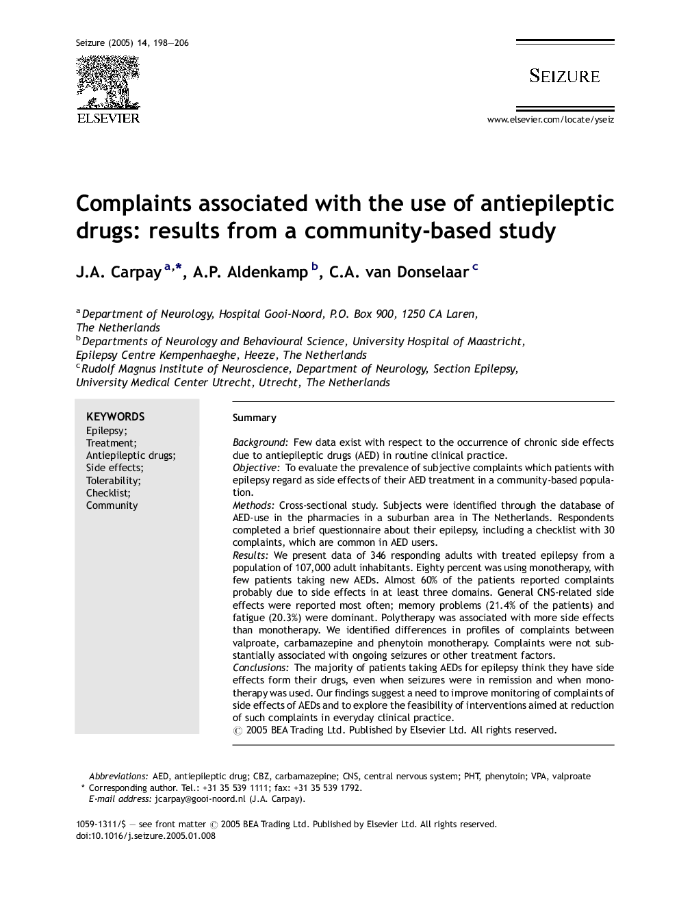 Complaints associated with the use of antiepileptic drugs: results from a community-based study