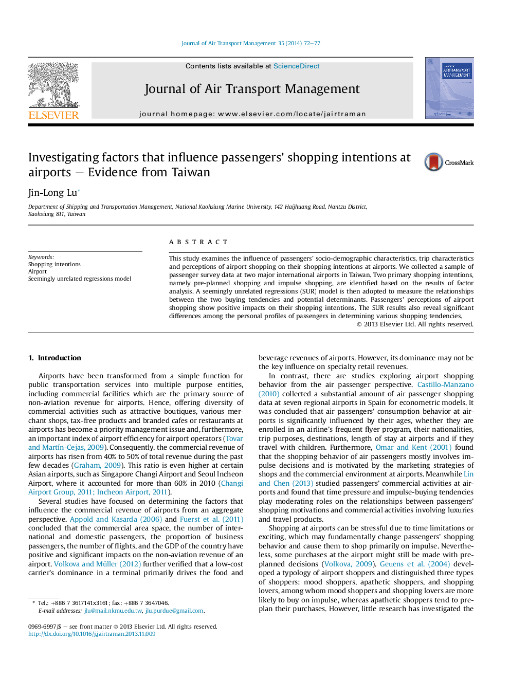 Investigating factors that influence passengers' shopping intentions at airports – Evidence from Taiwan