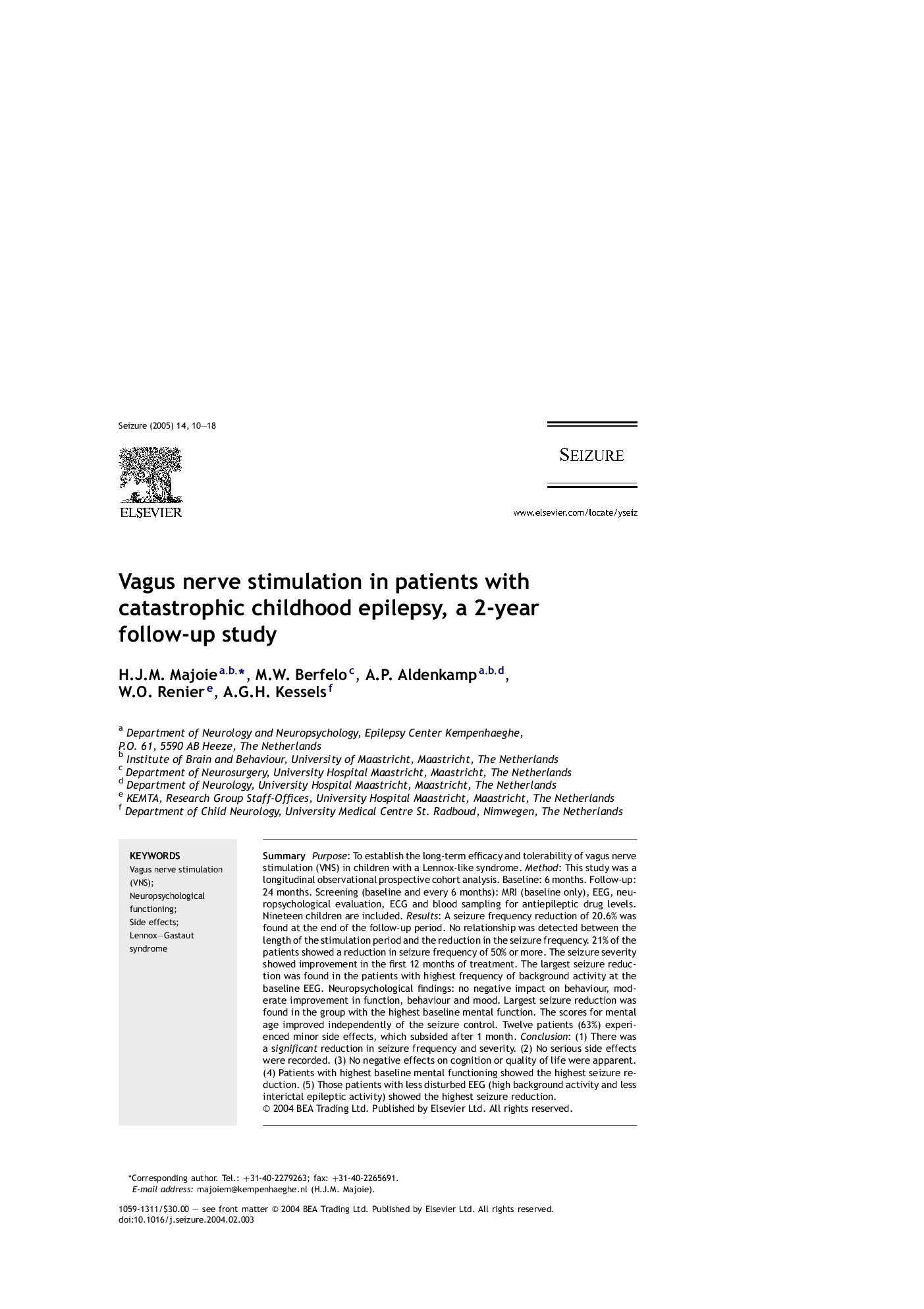 Vagus nerve stimulation in patients with catastrophic childhood epilepsy, a 2-year follow-up study