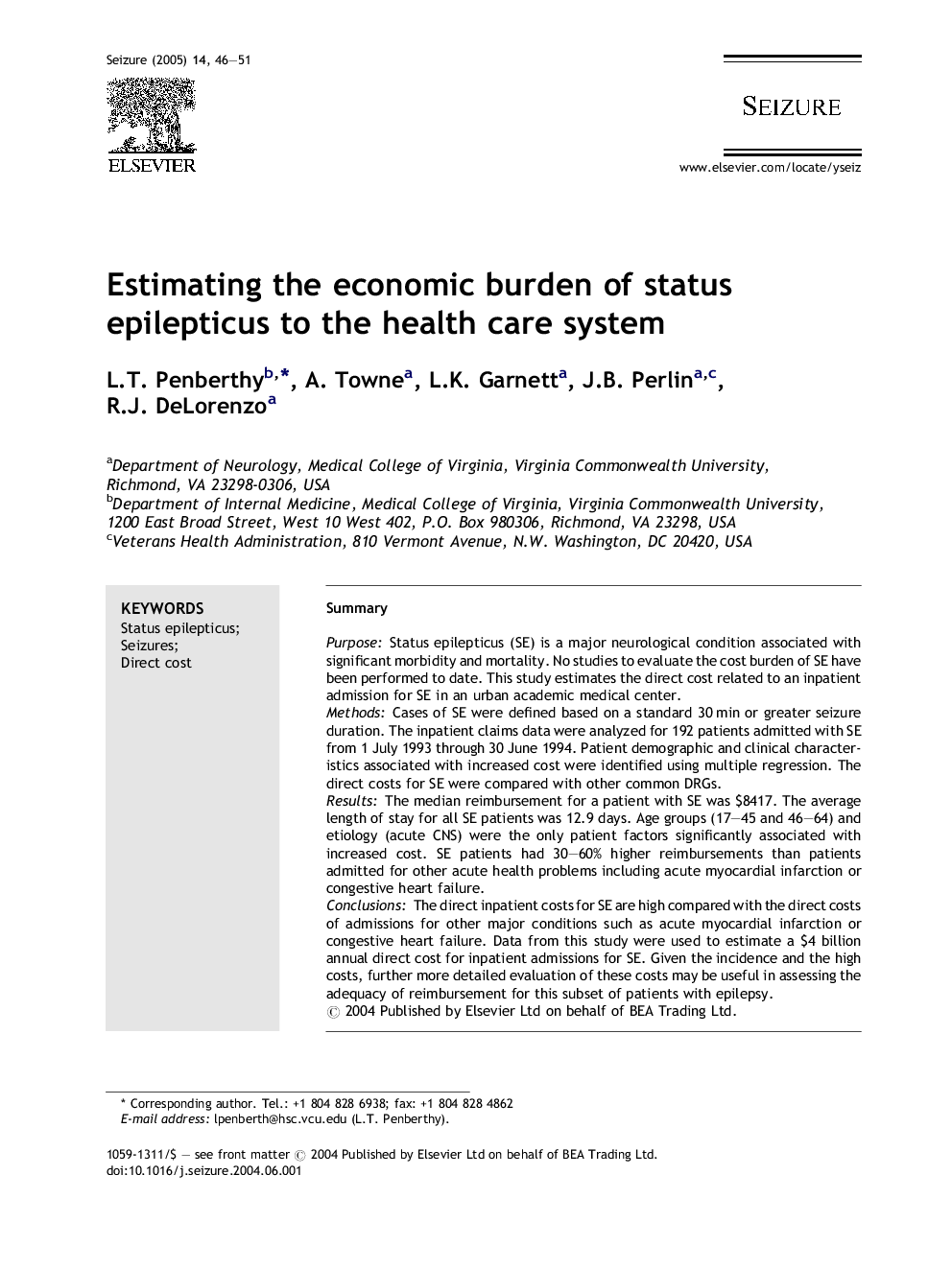 Estimating the economic burden of status epilepticus to the health care system