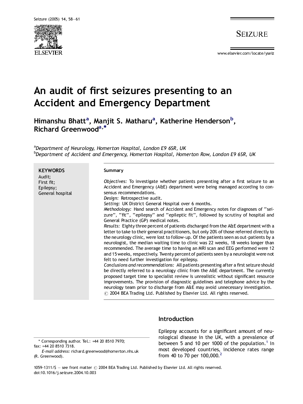 An audit of first seizures presenting to an Accident and Emergency Department