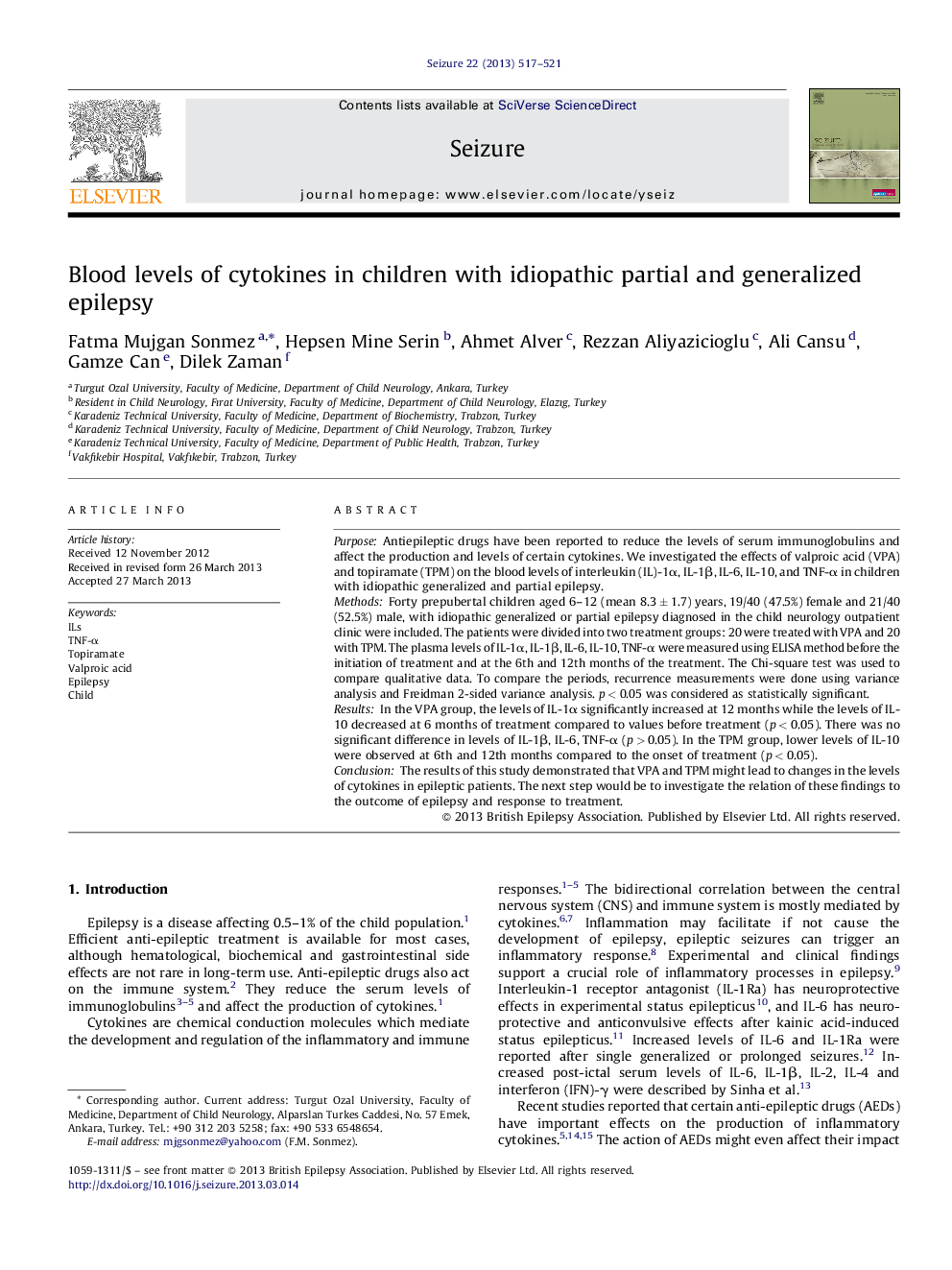 Blood levels of cytokines in children with idiopathic partial and generalized epilepsy