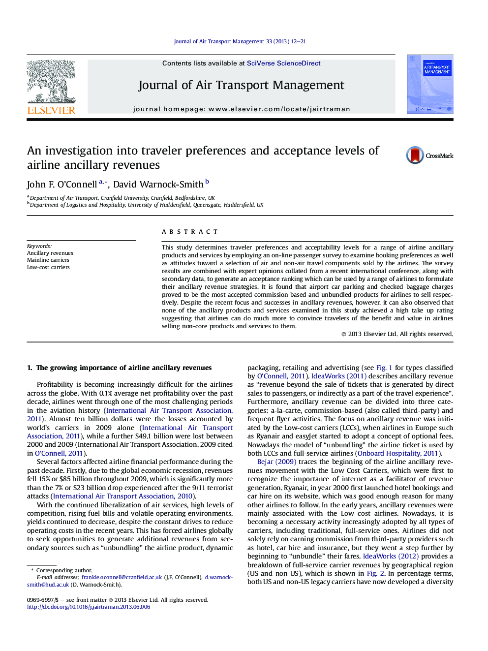 An investigation into traveler preferences and acceptance levels of airline ancillary revenues