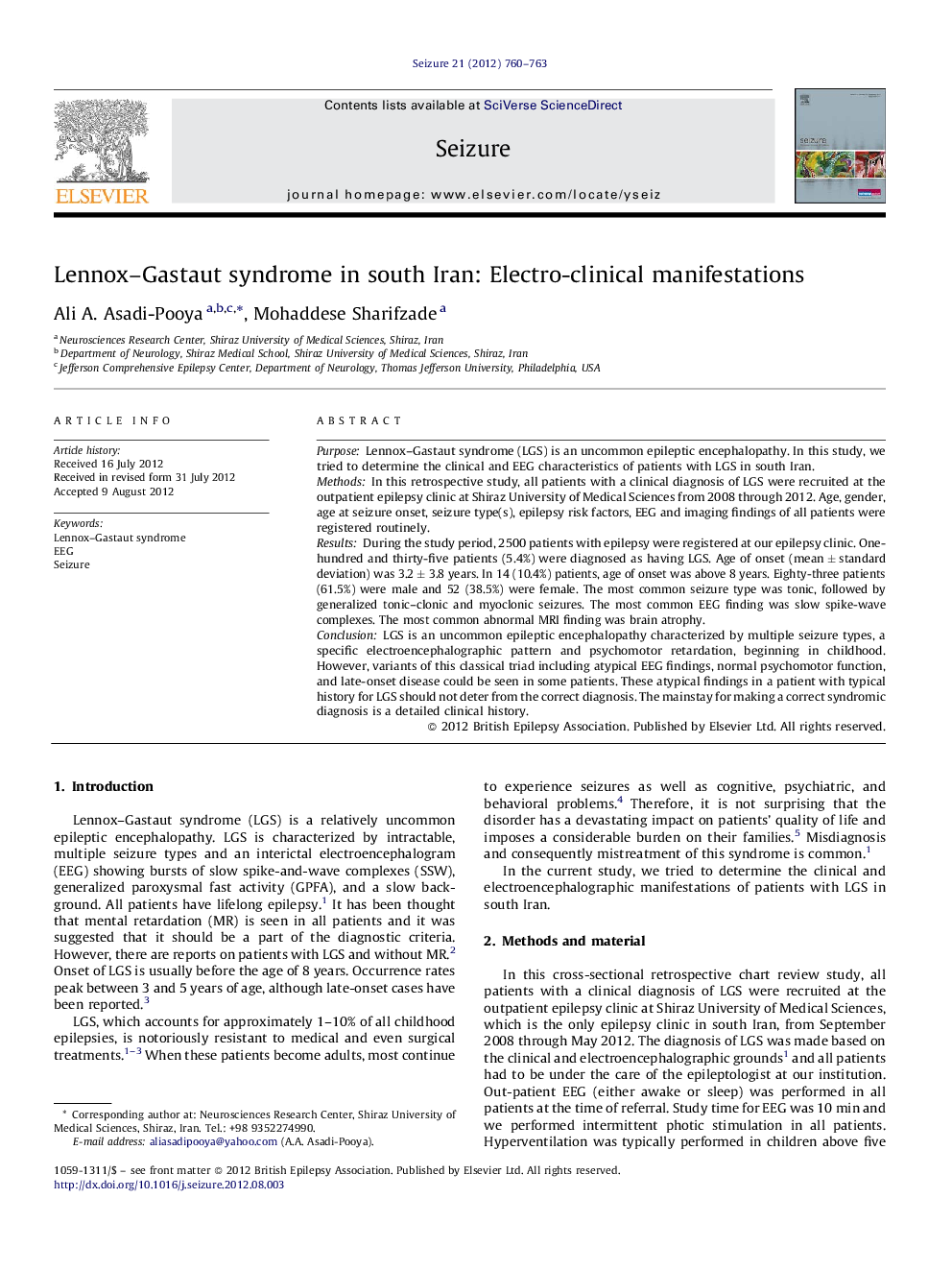 Lennox-Gastaut syndrome in south Iran: Electro-clinical manifestations