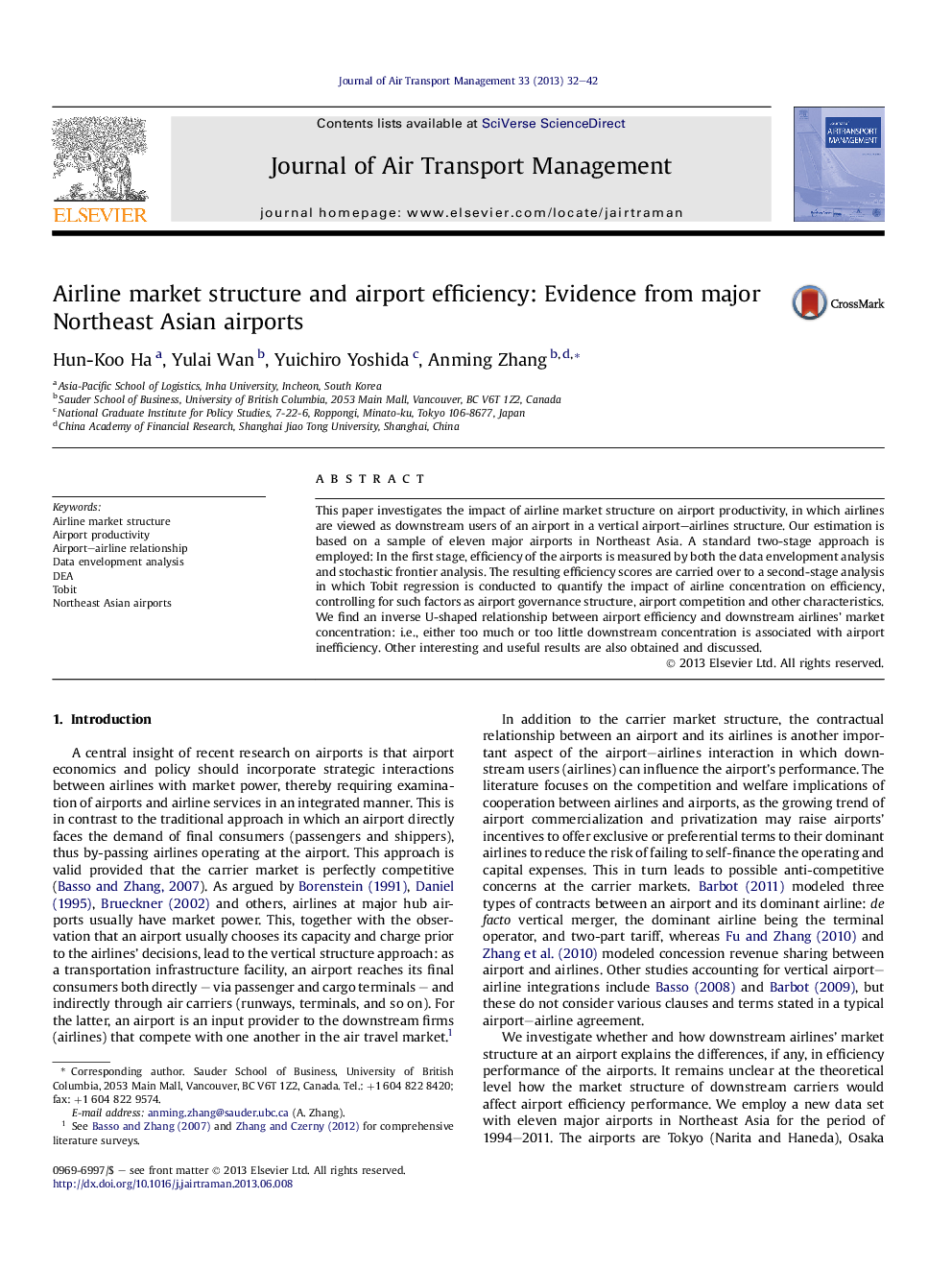 Airline market structure and airport efficiency: Evidence from major Northeast Asian airports