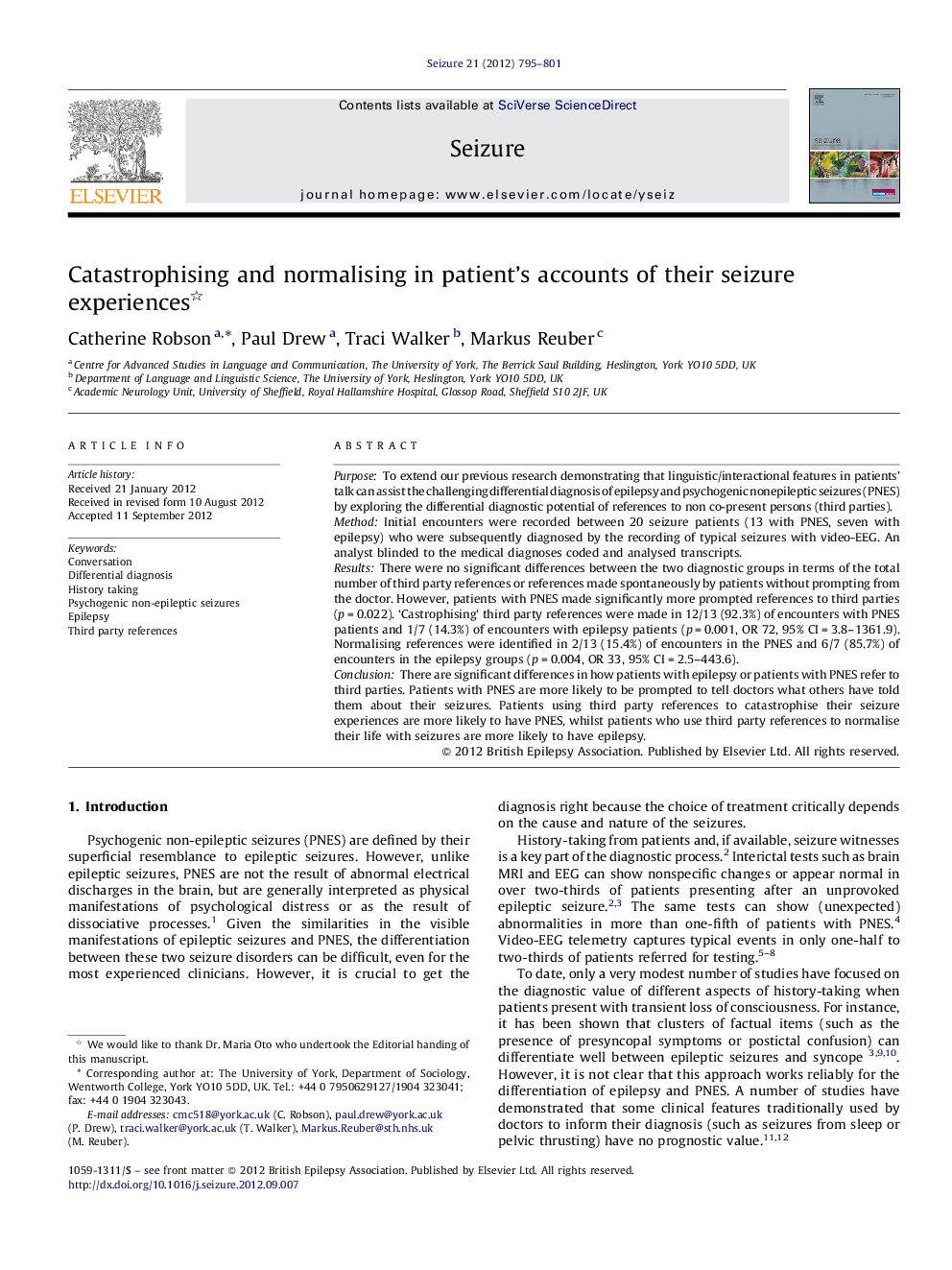 Catastrophising and normalising in patient's accounts of their seizure experiences