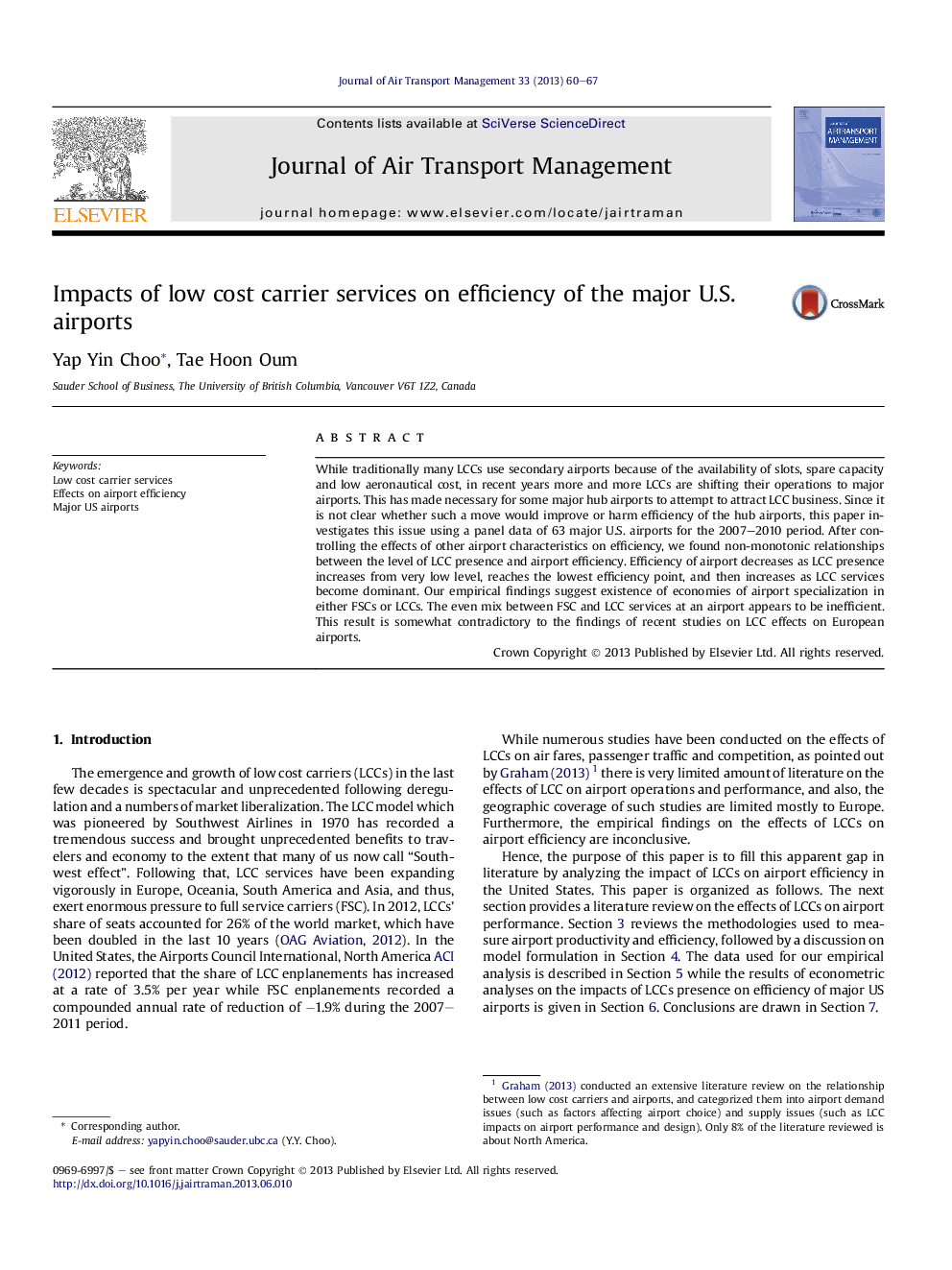 Impacts of low cost carrier services on efficiency of the major U.S. airports