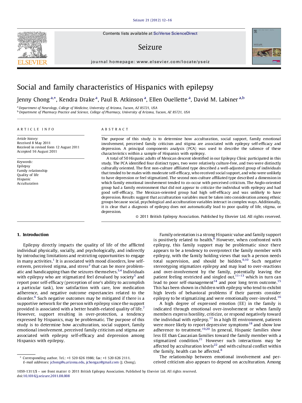 Social and family characteristics of Hispanics with epilepsy