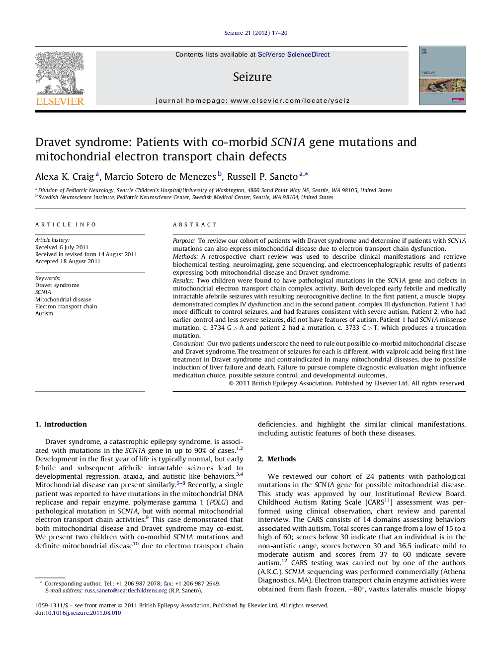 Dravet syndrome: Patients with co-morbid SCN1A gene mutations and mitochondrial electron transport chain defects