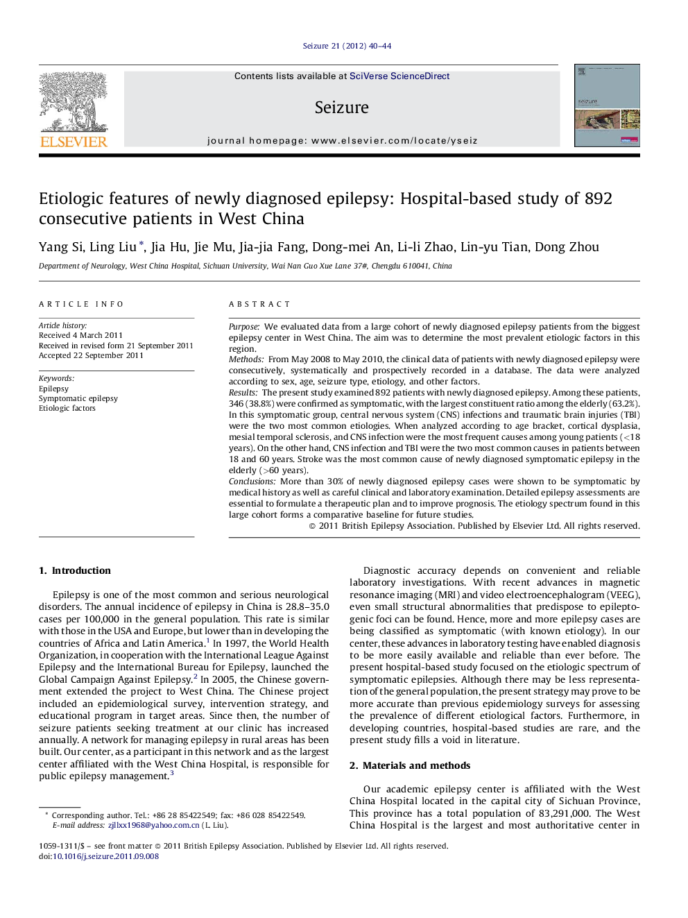 Etiologic features of newly diagnosed epilepsy: Hospital-based study of 892 consecutive patients in West China