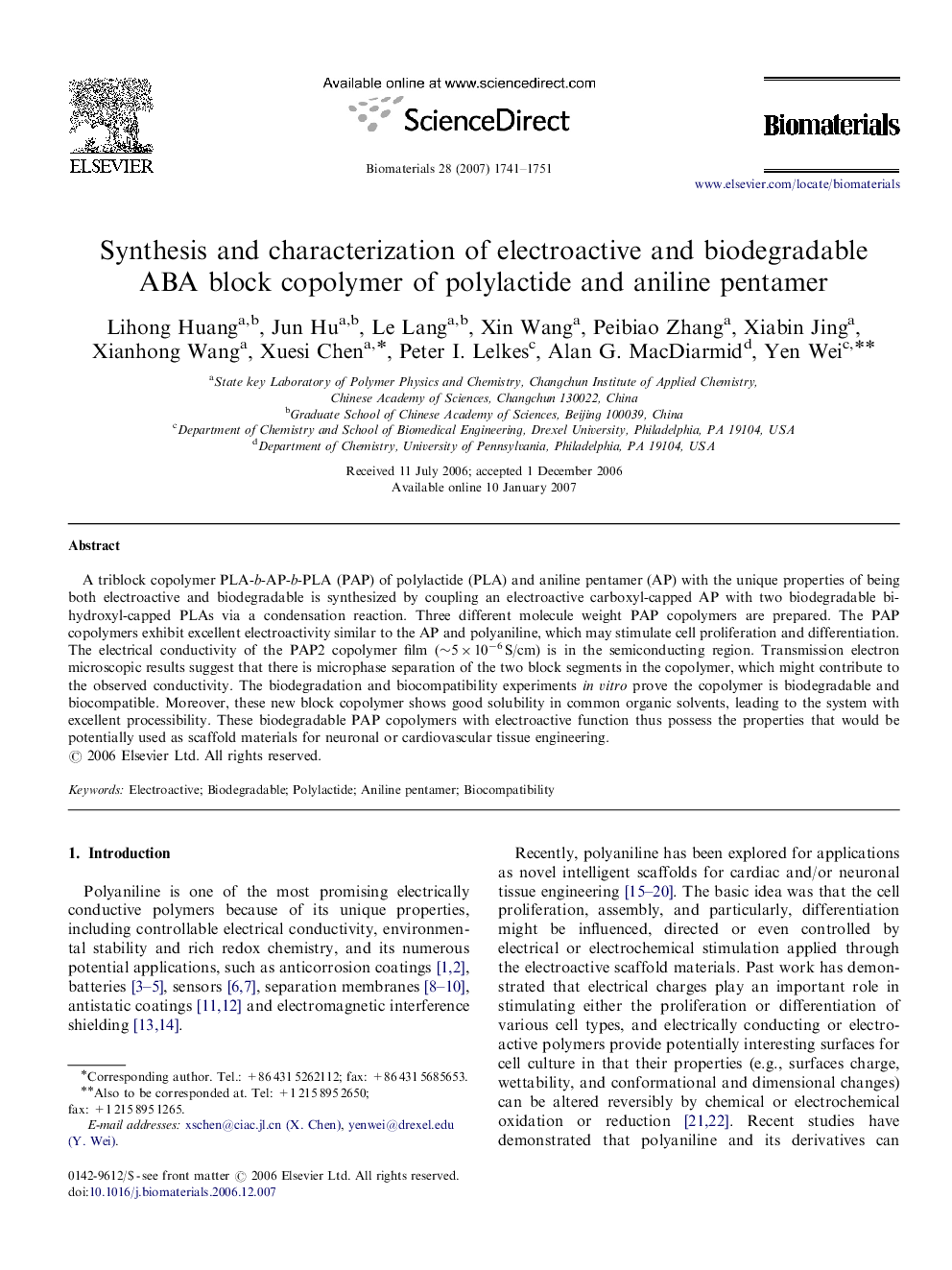 Synthesis and characterization of electroactive and biodegradable ABA block copolymer of polylactide and aniline pentamer