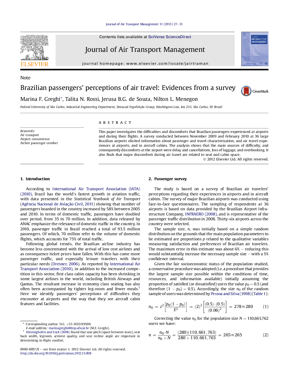 Brazilian passengers' perceptions of air travel: Evidences from a survey