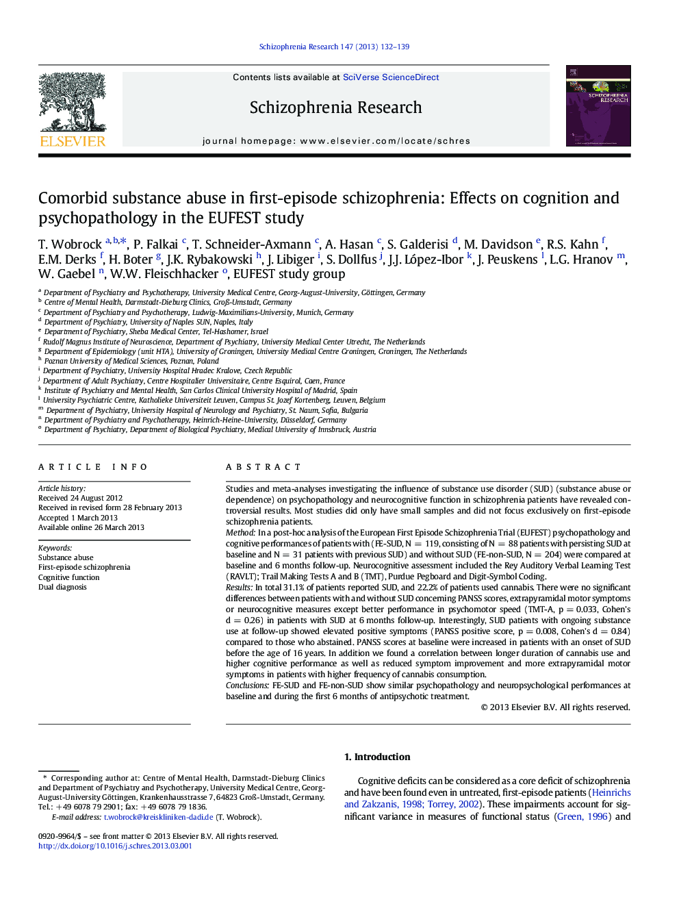 Comorbid substance abuse in first-episode schizophrenia: Effects on cognition and psychopathology in the EUFEST study