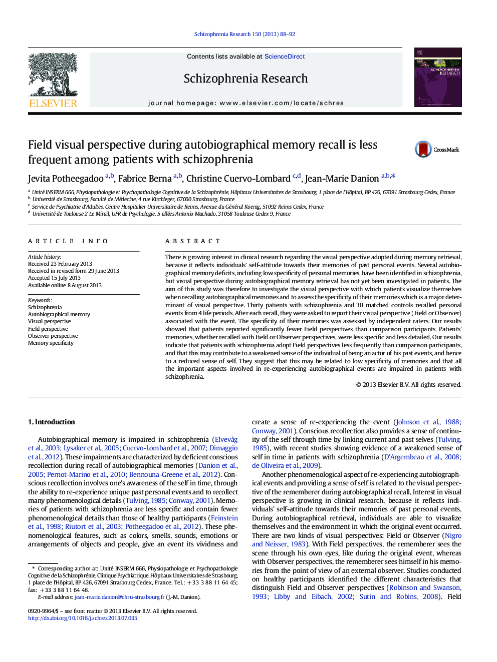 Field visual perspective during autobiographical memory recall is less frequent among patients with schizophrenia