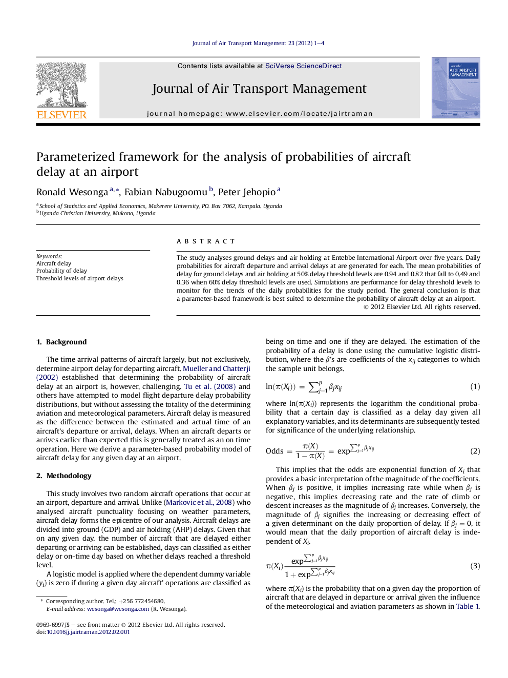 Parameterized framework for the analysis of probabilities of aircraft delay at an airport