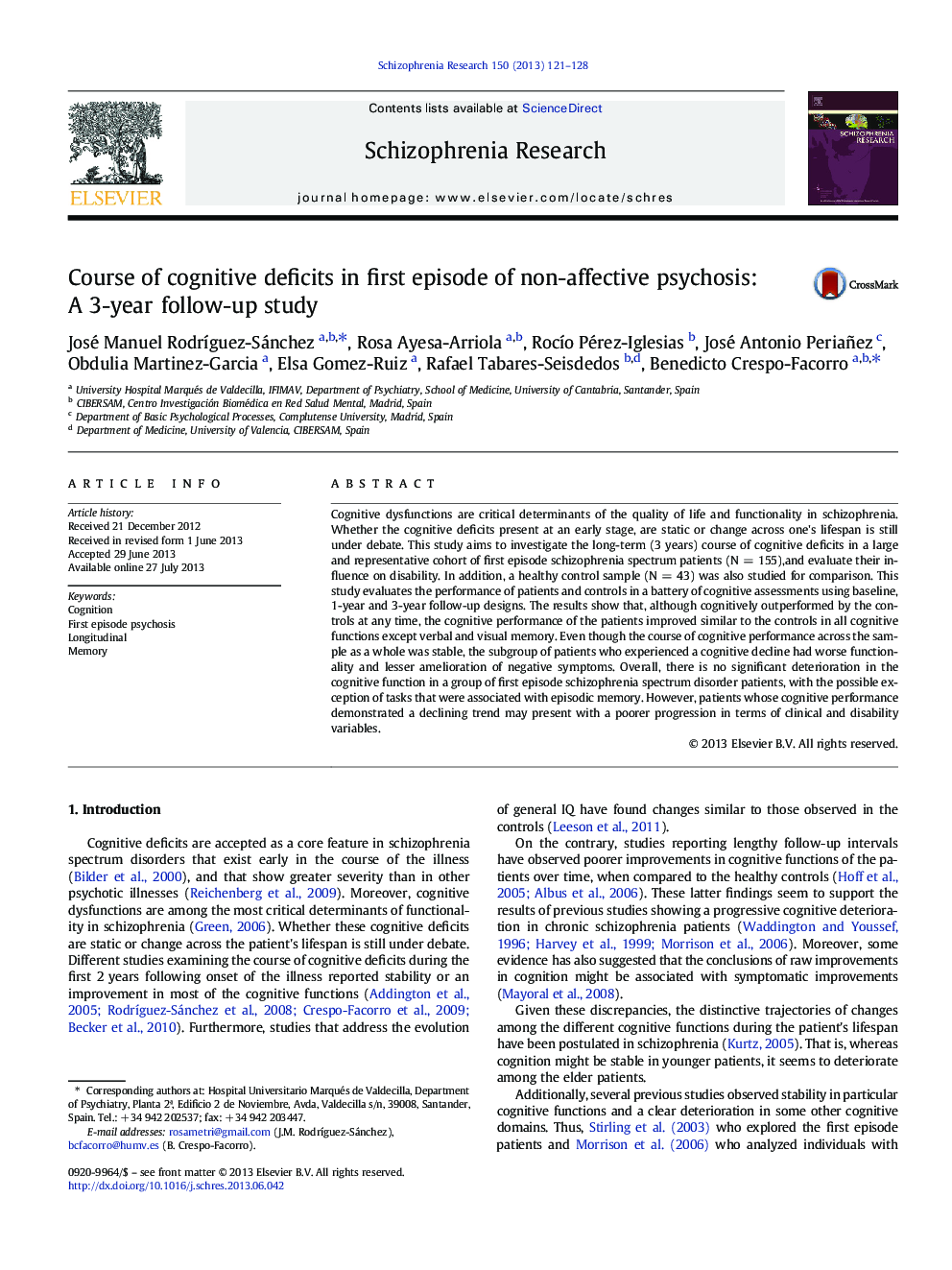 Course of cognitive deficits in first episode of non-affective psychosis: A 3-year follow-up study