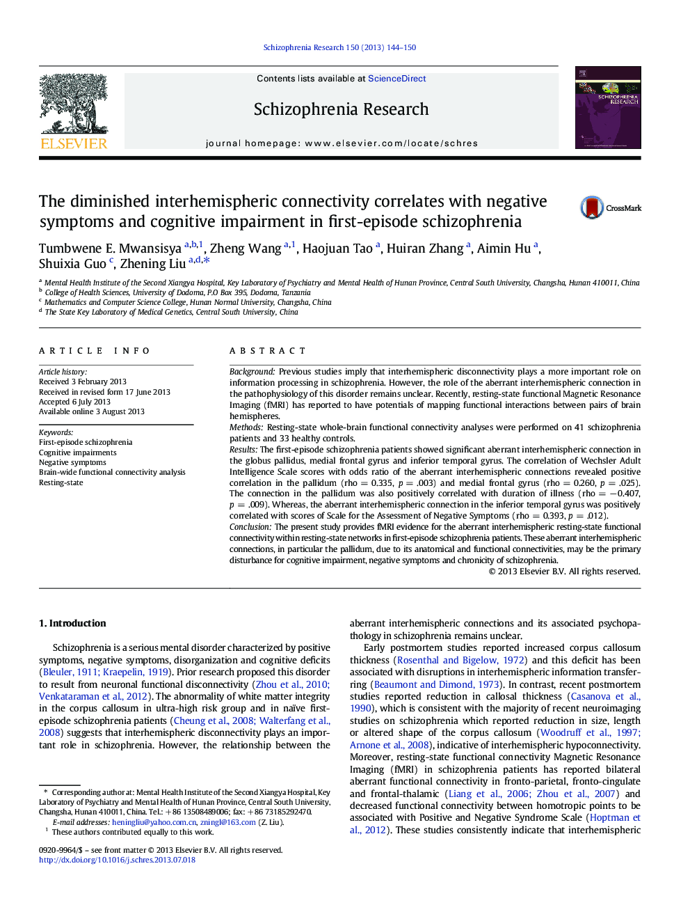 The diminished interhemispheric connectivity correlates with negative symptoms and cognitive impairment in first-episode schizophrenia