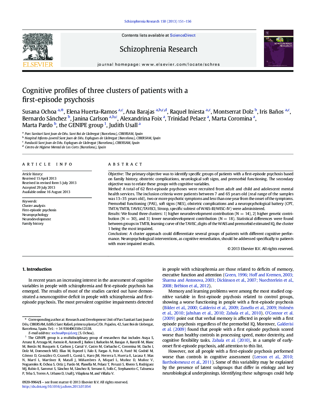 Cognitive profiles of three clusters of patients with a first-episode psychosis