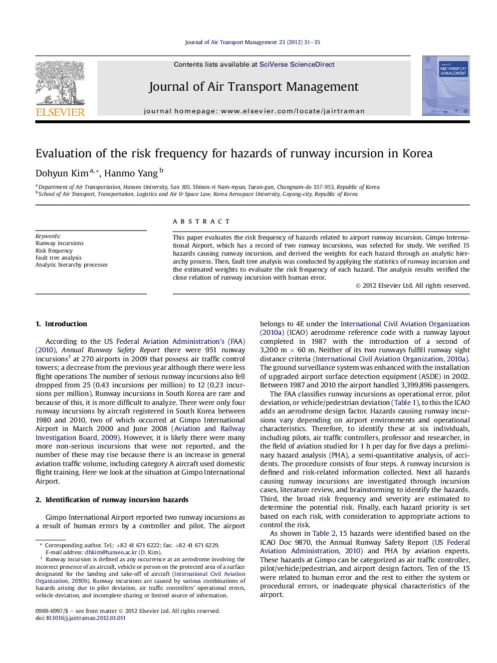 Evaluation of the risk frequency for hazards of runway incursion in Korea