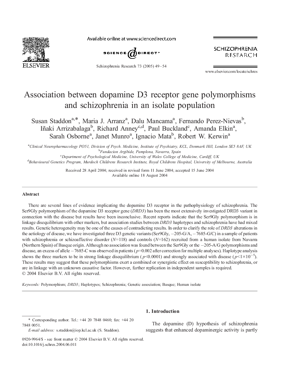 Association between dopamine D3 receptor gene polymorphisms and schizophrenia in an isolate population