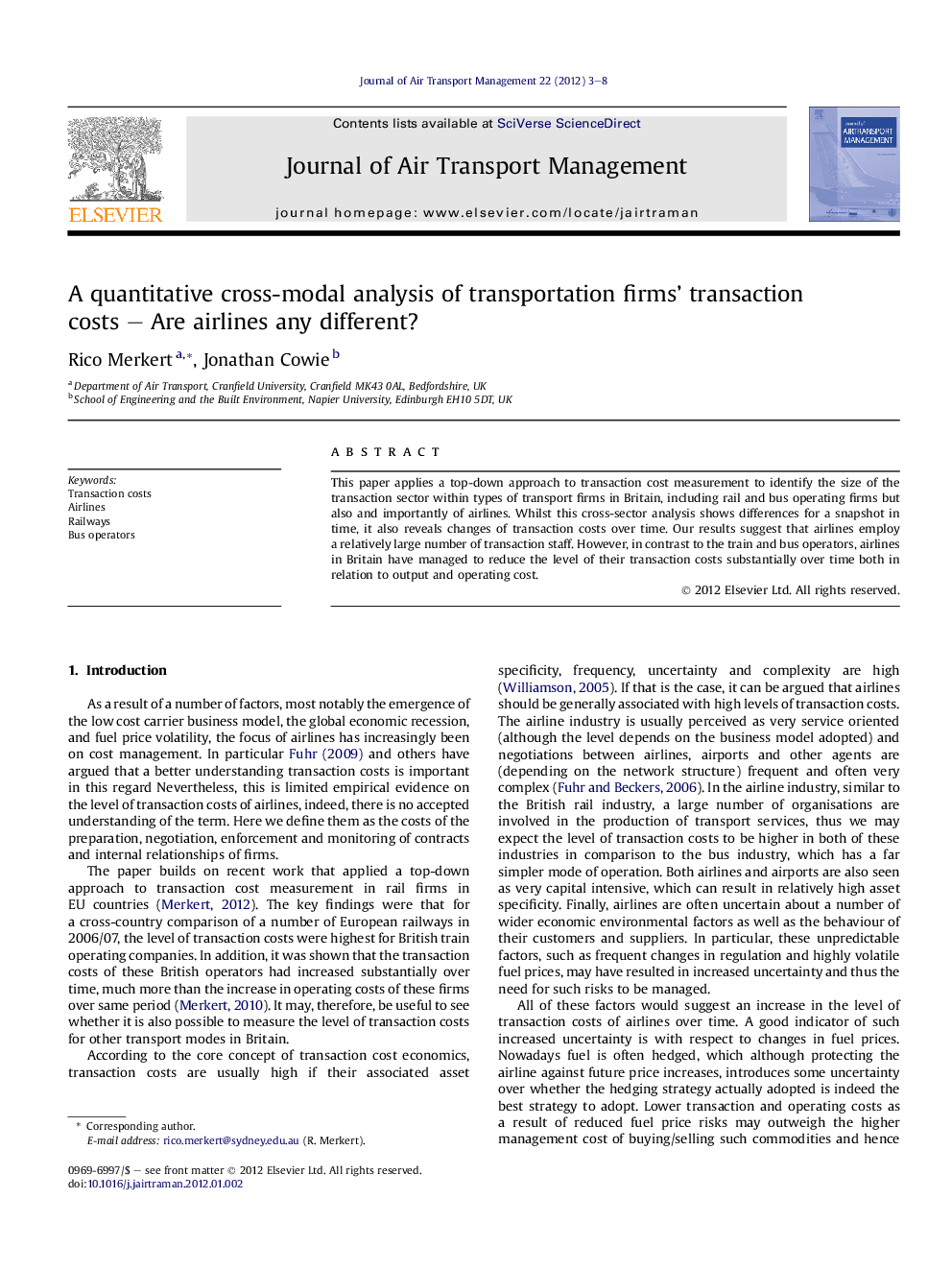 A quantitative cross-modal analysis of transportation firms’ transaction costs – Are airlines any different?