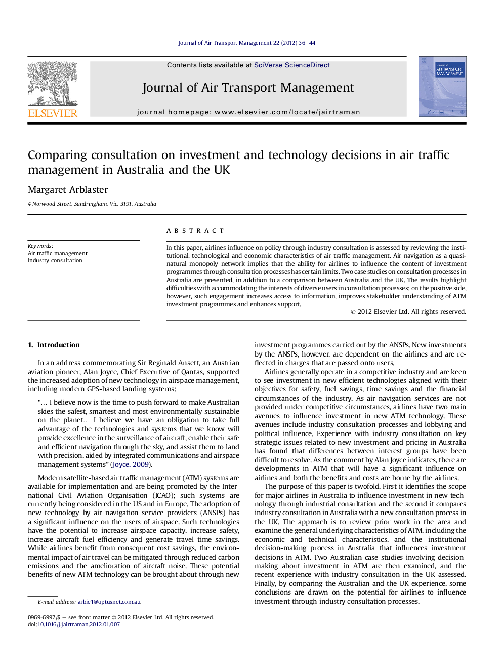 Comparing consultation on investment and technology decisions in air traffic management in Australia and the UK