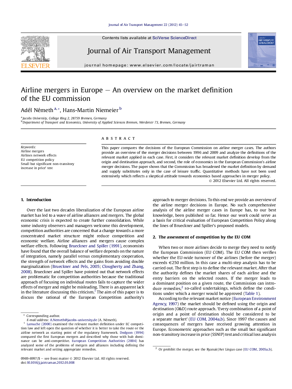 Airline mergers in Europe - An overview on the market definition of the EU commission