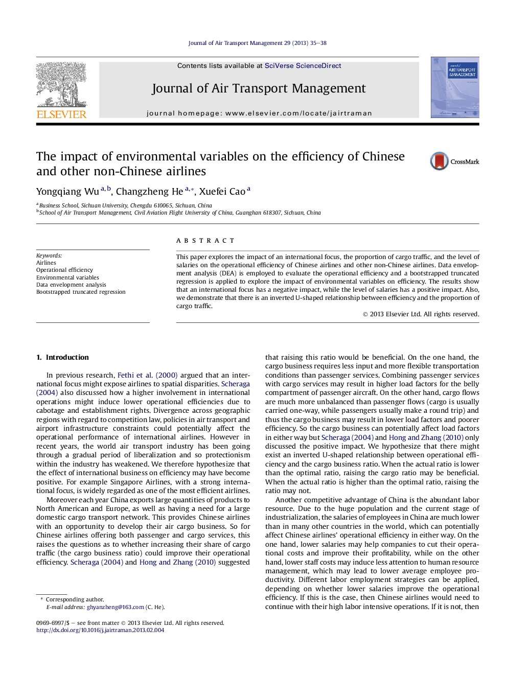 The impact of environmental variables on the efficiency of Chinese and other non-Chinese airlines