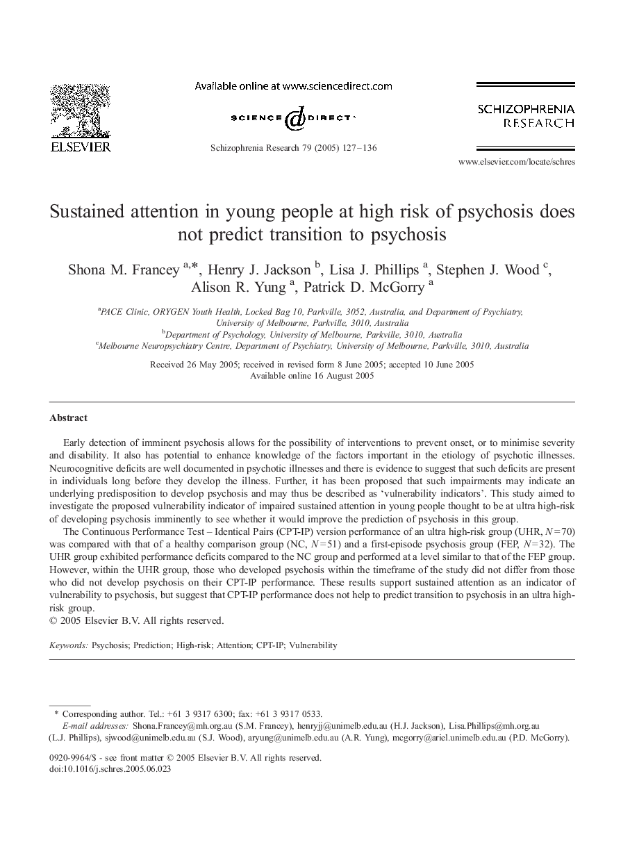 Sustained attention in young people at high risk of psychosis does not predict transition to psychosis