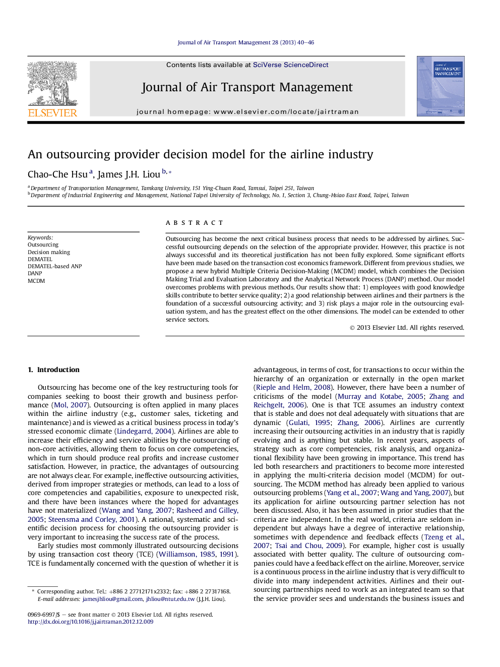 An outsourcing provider decision model for the airline industry