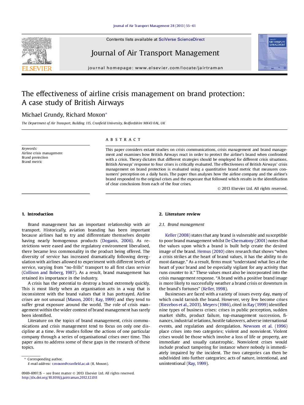 The effectiveness of airline crisis management on brand protection: A case study of British Airways