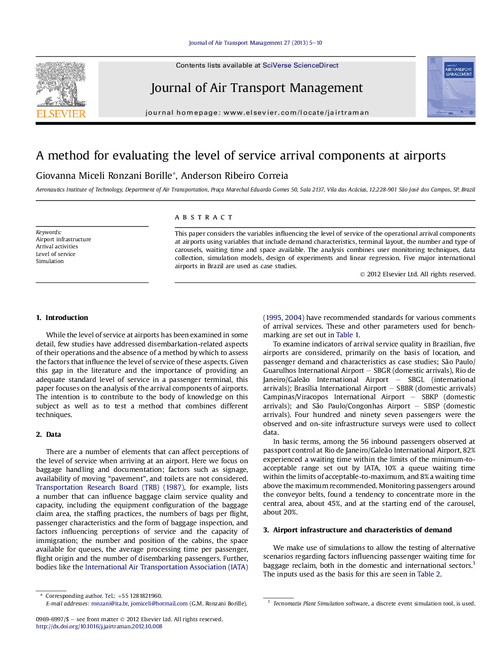 A method for evaluating the level of service arrival components at airports