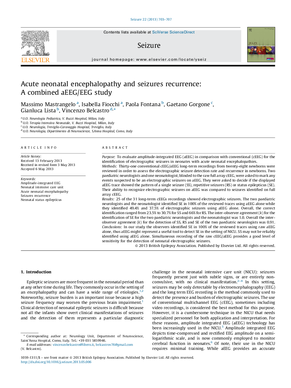 Acute neonatal encephalopathy and seizures recurrence: A combined aEEG/EEG study