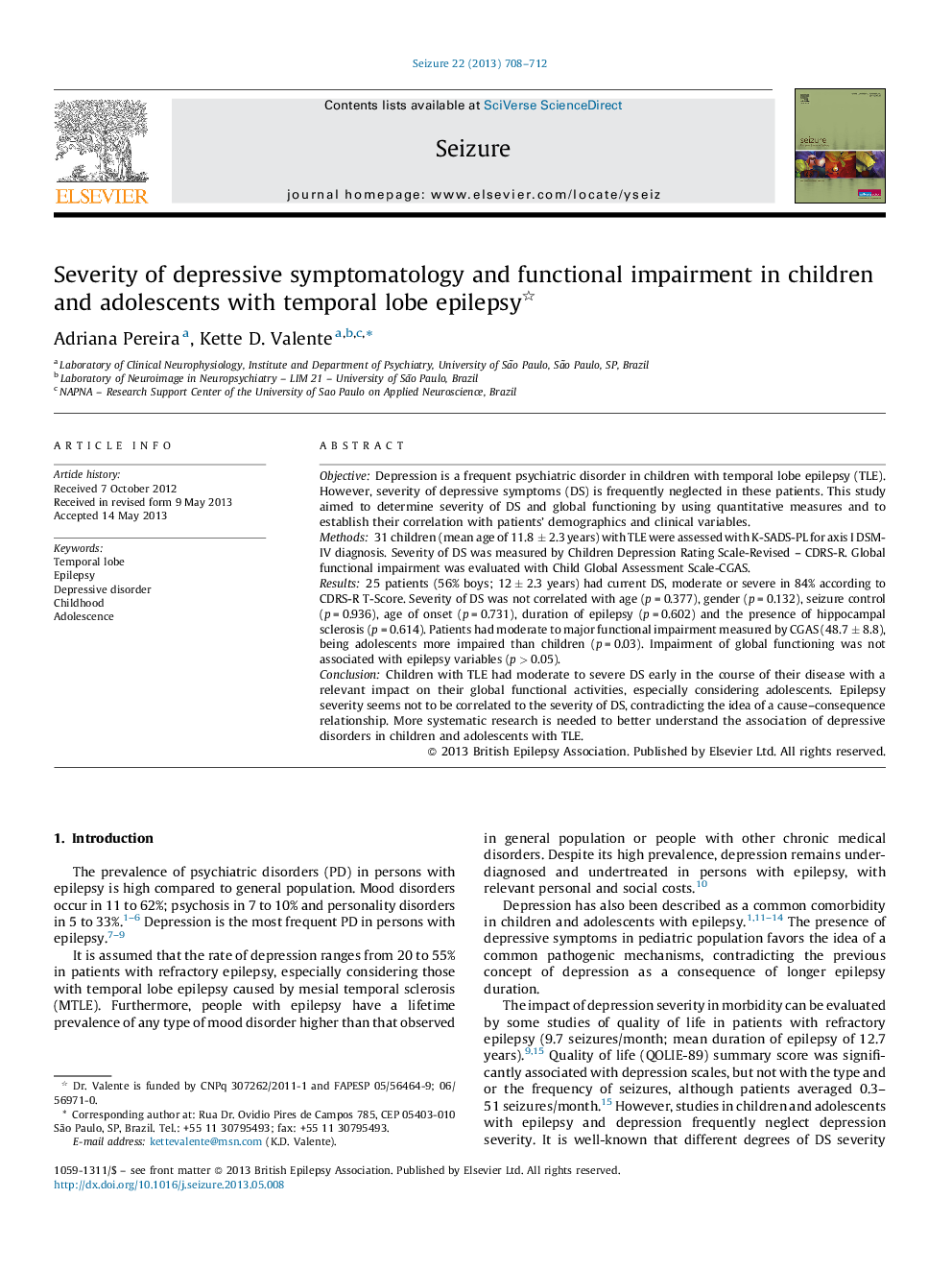 Severity of depressive symptomatology and functional impairment in children and adolescents with temporal lobe epilepsy