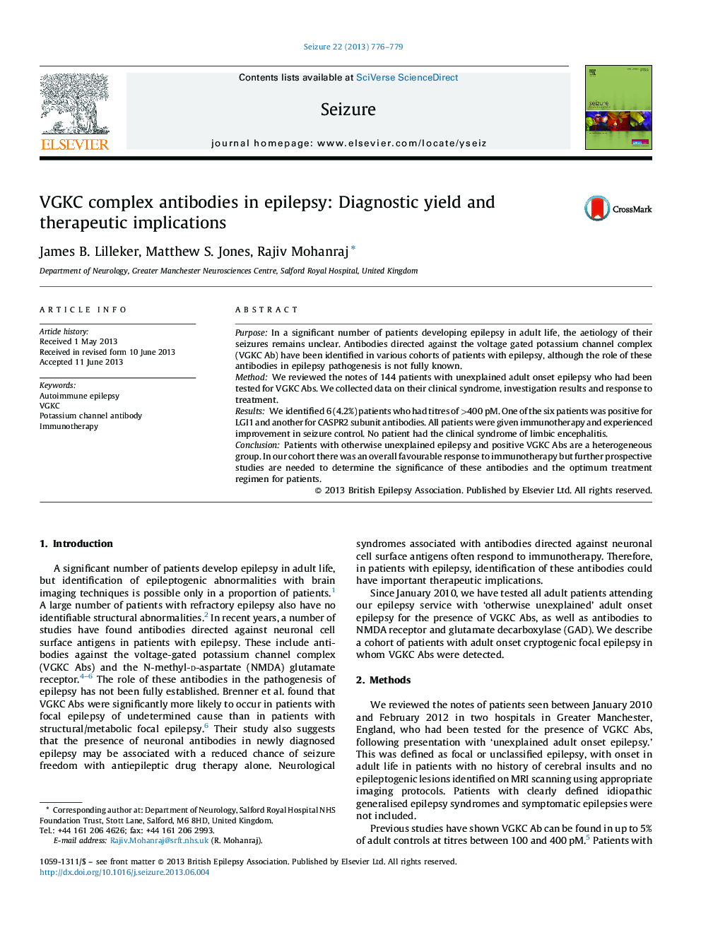 VGKC complex antibodies in epilepsy: Diagnostic yield and therapeutic implications