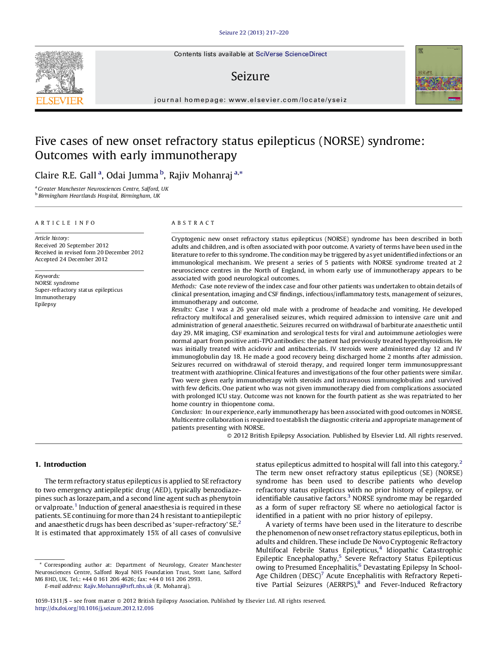 Five cases of new onset refractory status epilepticus (NORSE) syndrome: Outcomes with early immunotherapy