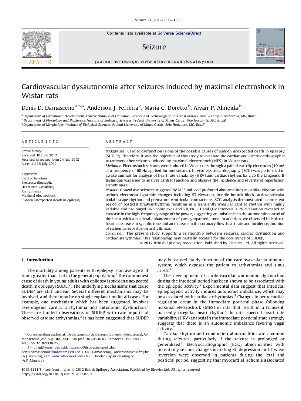 Cardiovascular dysautonomia after seizures induced by maximal electroshock in Wistar rats