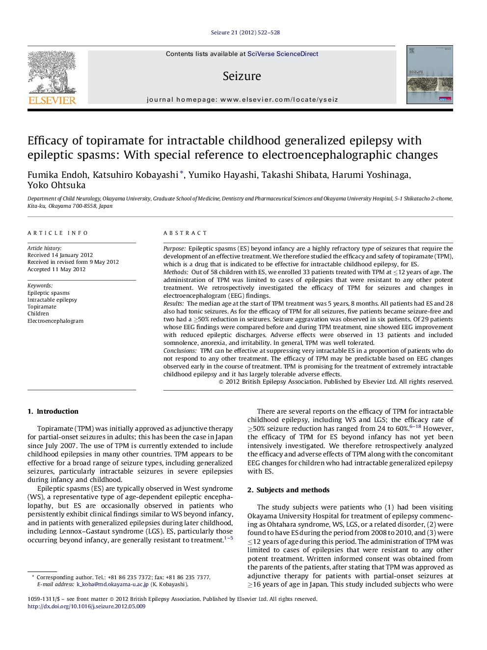 Efficacy of topiramate for intractable childhood generalized epilepsy with epileptic spasms: With special reference to electroencephalographic changes