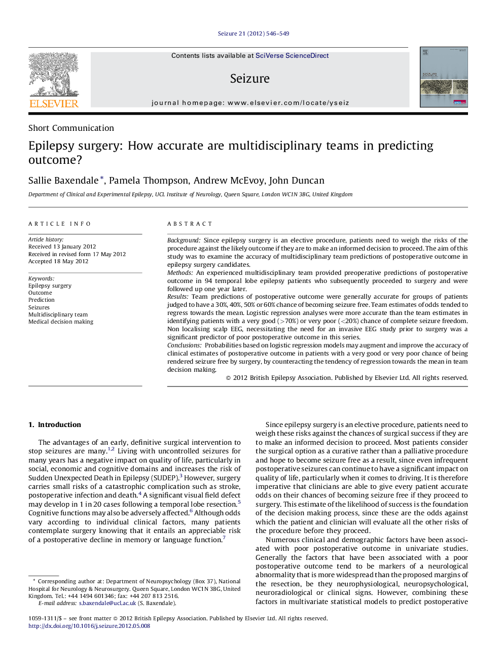 Epilepsy surgery: How accurate are multidisciplinary teams in predicting outcome?