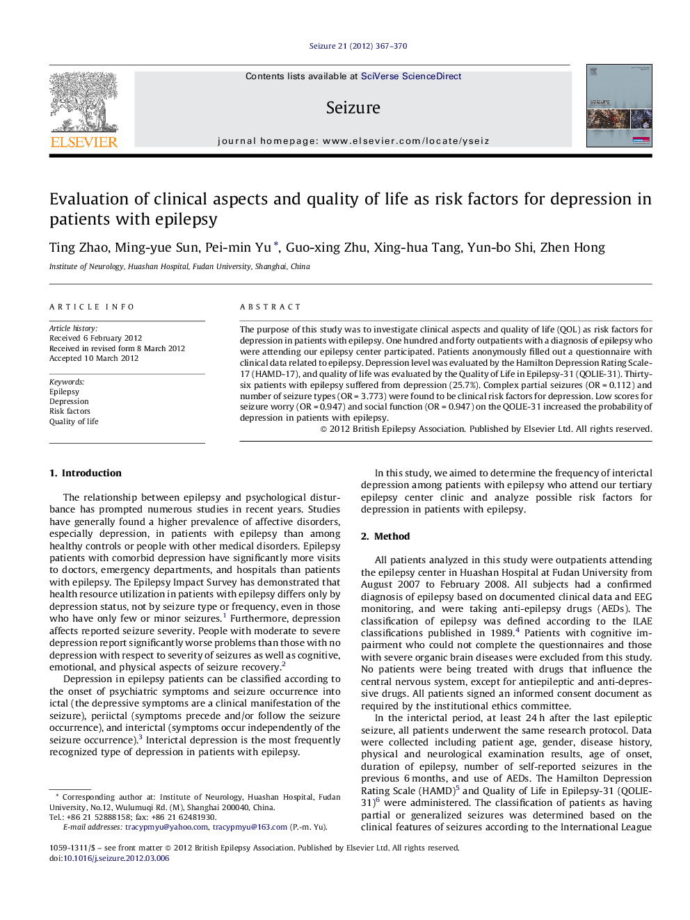 Evaluation of clinical aspects and quality of life as risk factors for depression in patients with epilepsy