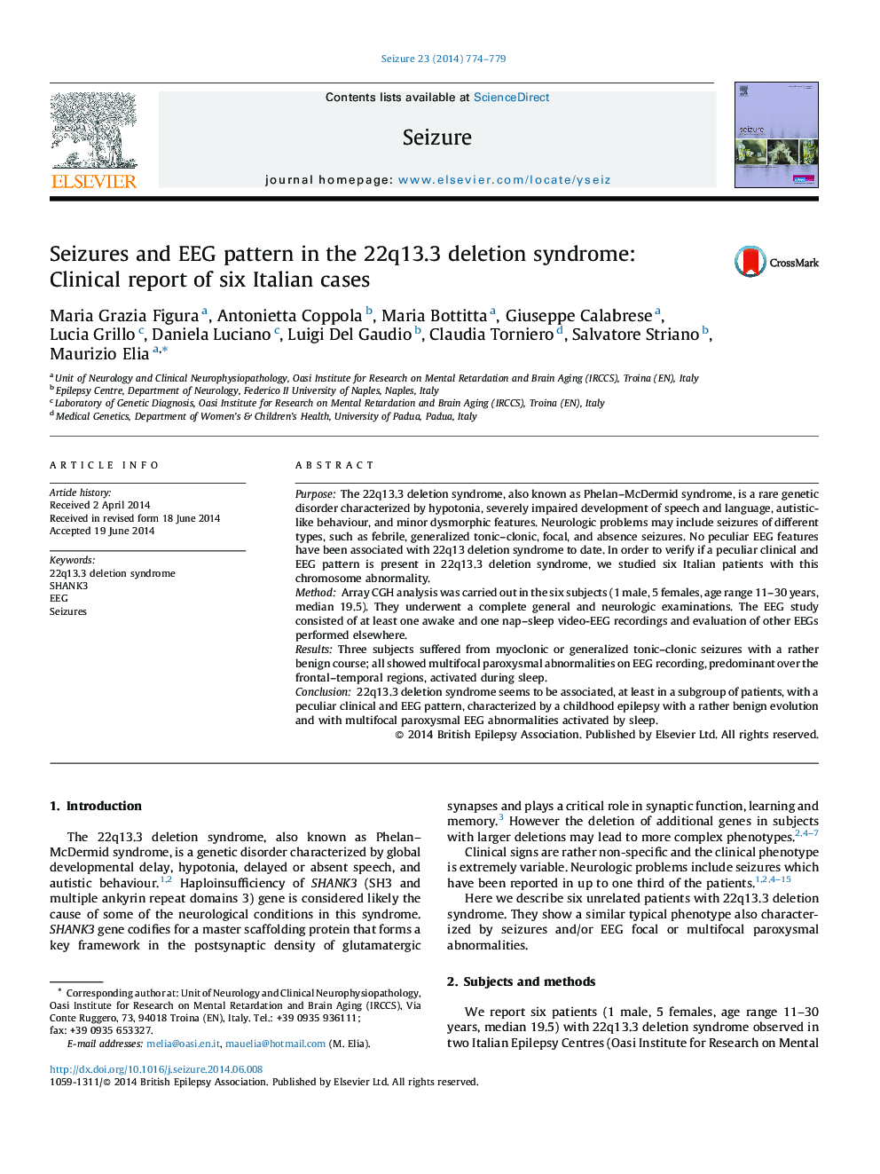 Seizures and EEG pattern in the 22q13.3 deletion syndrome: Clinical report of six Italian cases