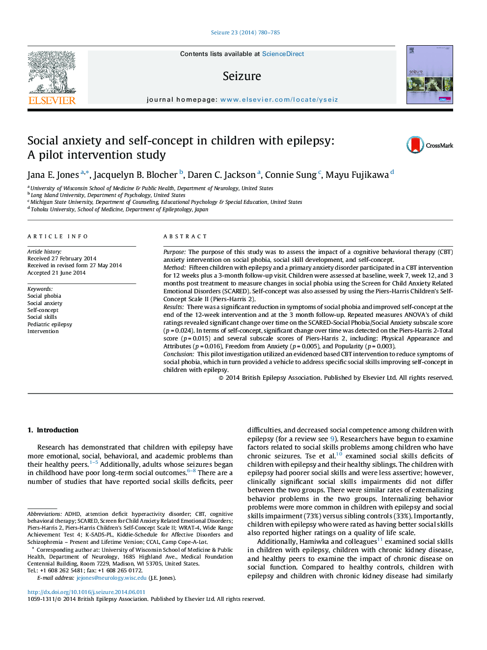 Social anxiety and self-concept in children with epilepsy: A pilot intervention study