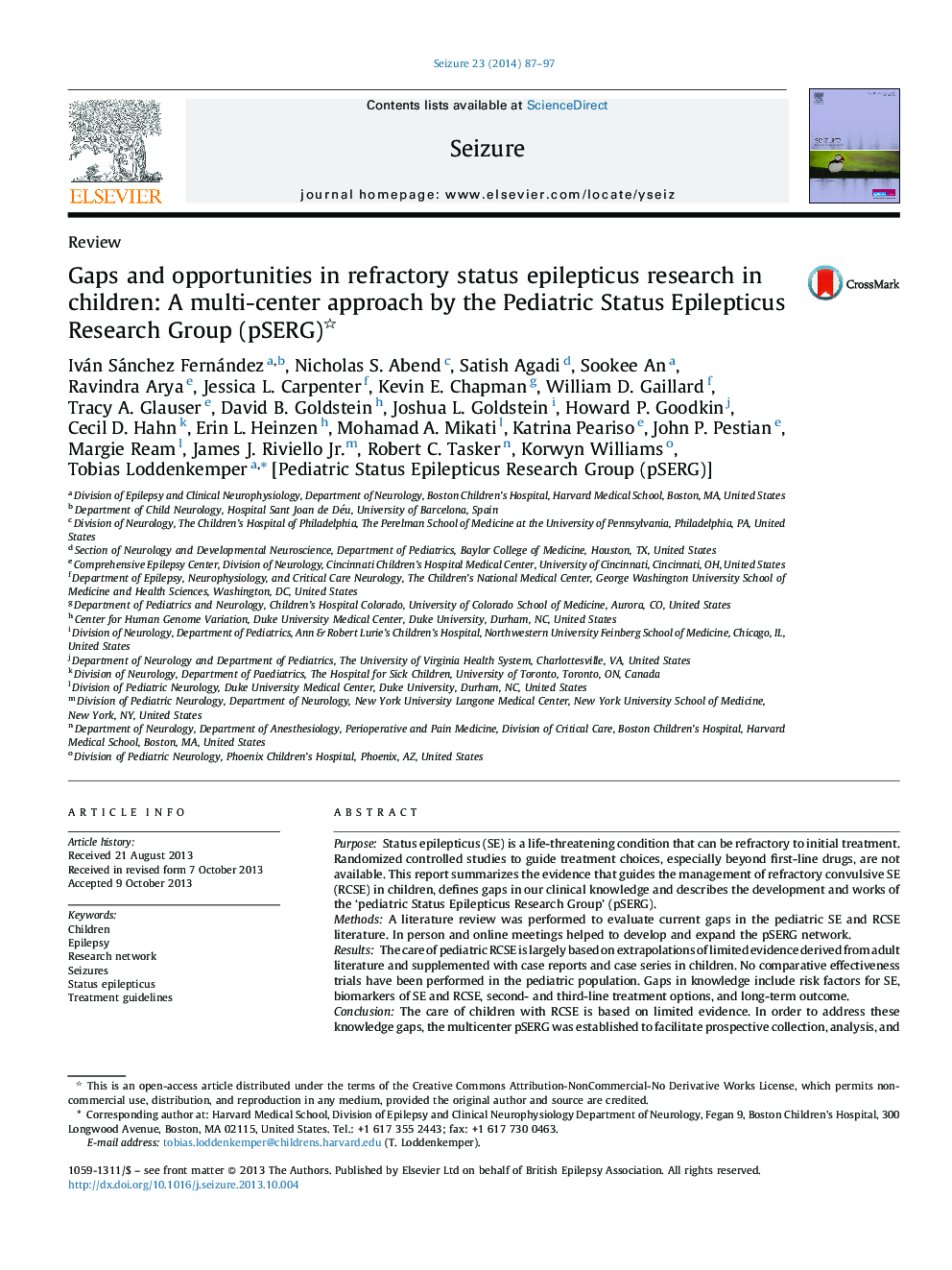 Gaps and opportunities in refractory status epilepticus research in children: A multi-center approach by the Pediatric Status Epilepticus Research Group (pSERG)