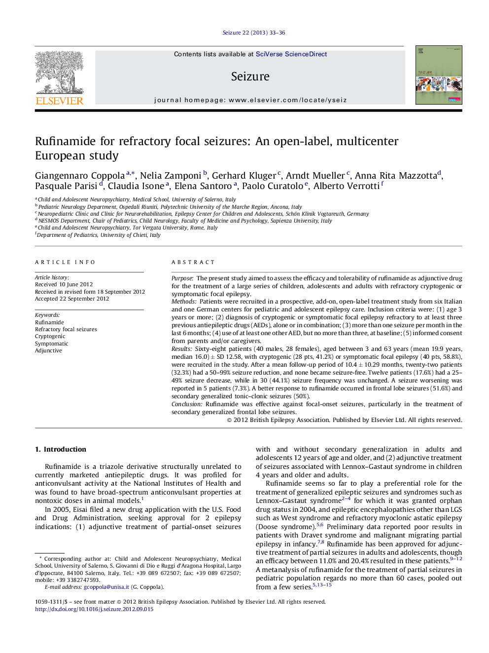 Rufinamide for refractory focal seizures: An open-label, multicenter European study