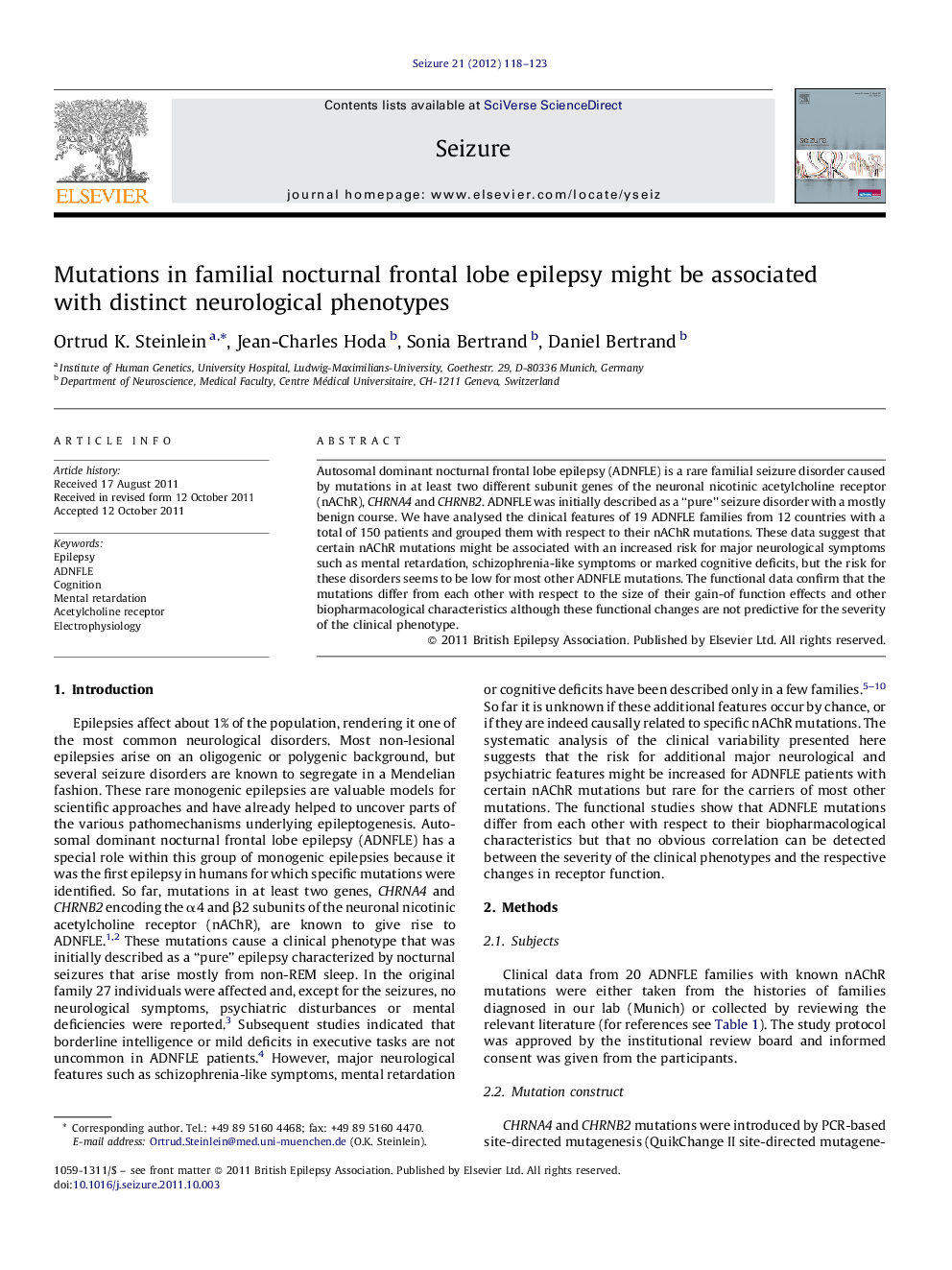 Mutations in familial nocturnal frontal lobe epilepsy might be associated with distinct neurological phenotypes