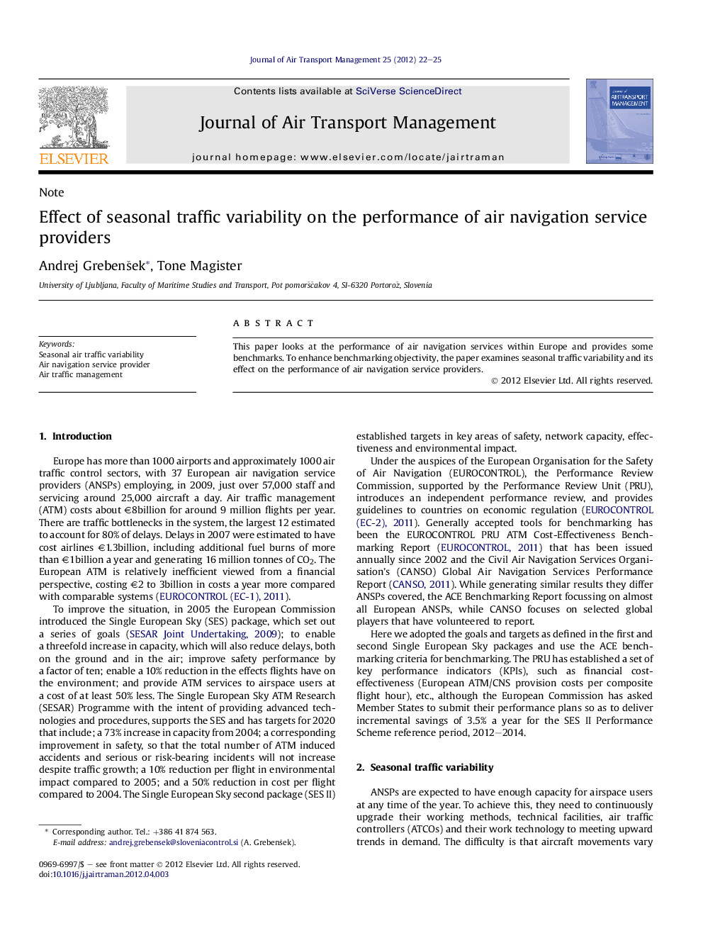 Effect of seasonal traffic variability on the performance of air navigation service providers