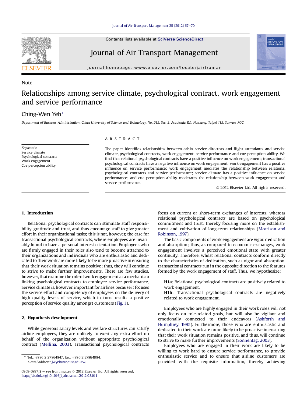 Relationships among service climate, psychological contract, work engagement and service performance